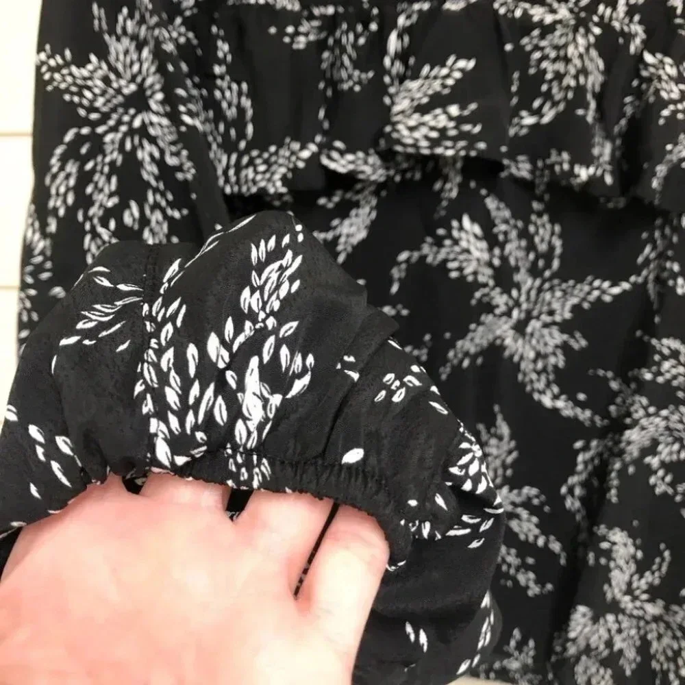 Senlis Black & White Leaves Louise Ruffle-Detail Oversize Long-Sleeve Top Size M